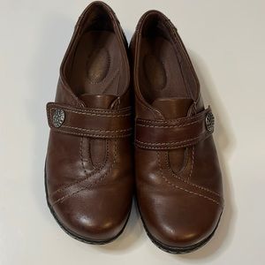 Clarks slip on mules; great condition; size 8; chocolate with silver closure